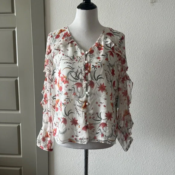CeCe Floral Sheer Blouse White Long Sleeve Small - Picture 1 of 6